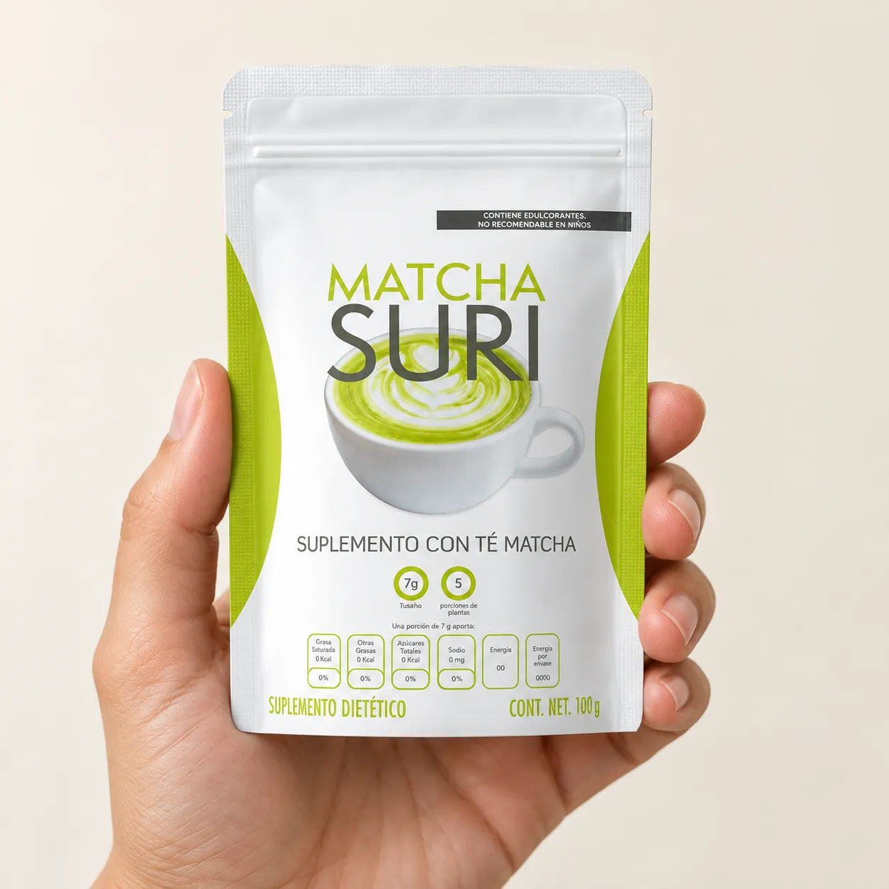 Matcha Suri — the package held in a hand