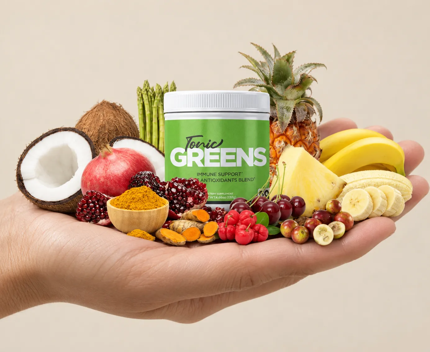 TonicGreens — the package held in a hand